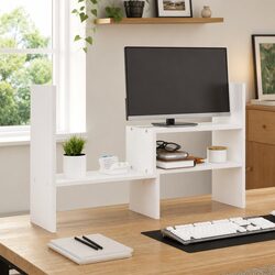 Compact Adjustable Solid Wood Monitor Stand - White