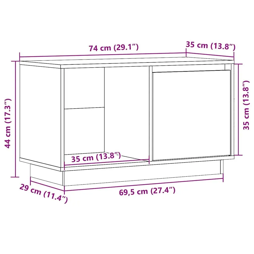 Solid Wood TV Stand Brown 74x35x44 cm Pine Storage Unit Living Room Furniture