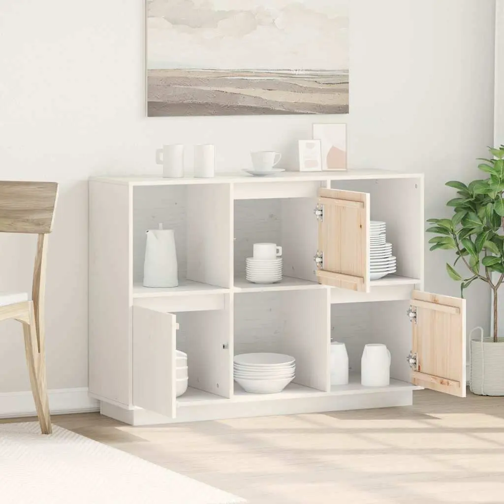 Sideboard White 110.5x35x80cm Solid Pine Wood 3 Doors Storage Furniture