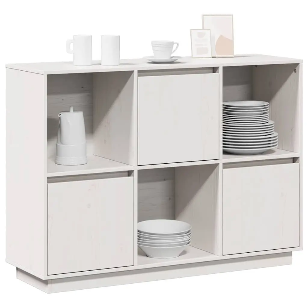 Sideboard White 110.5x35x80cm Solid Pine Wood 3 Doors Storage Furniture