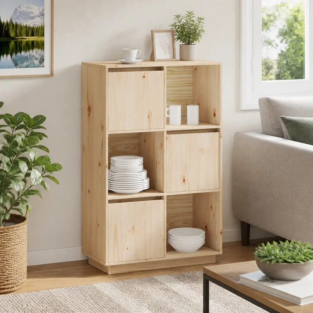 Wooden Highboard Storage Cabinet Brown Solid Pine 74 x 35 x 117 cm Natural Grain Rustic Character