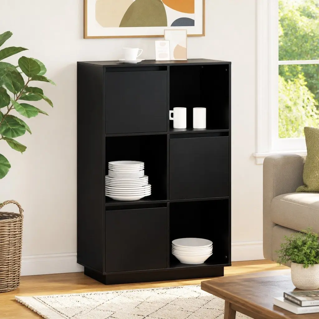 Solid Wood Highboard Black Storage Cabinet 74W x 35D x 117H cm Pine Display Organiser