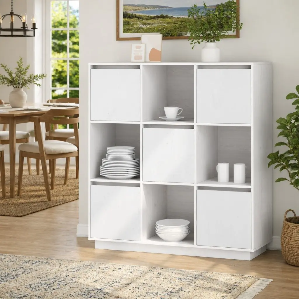 Highboard Cabinet White 5-Door Solid Pine Wood Modern Storage Sideboard