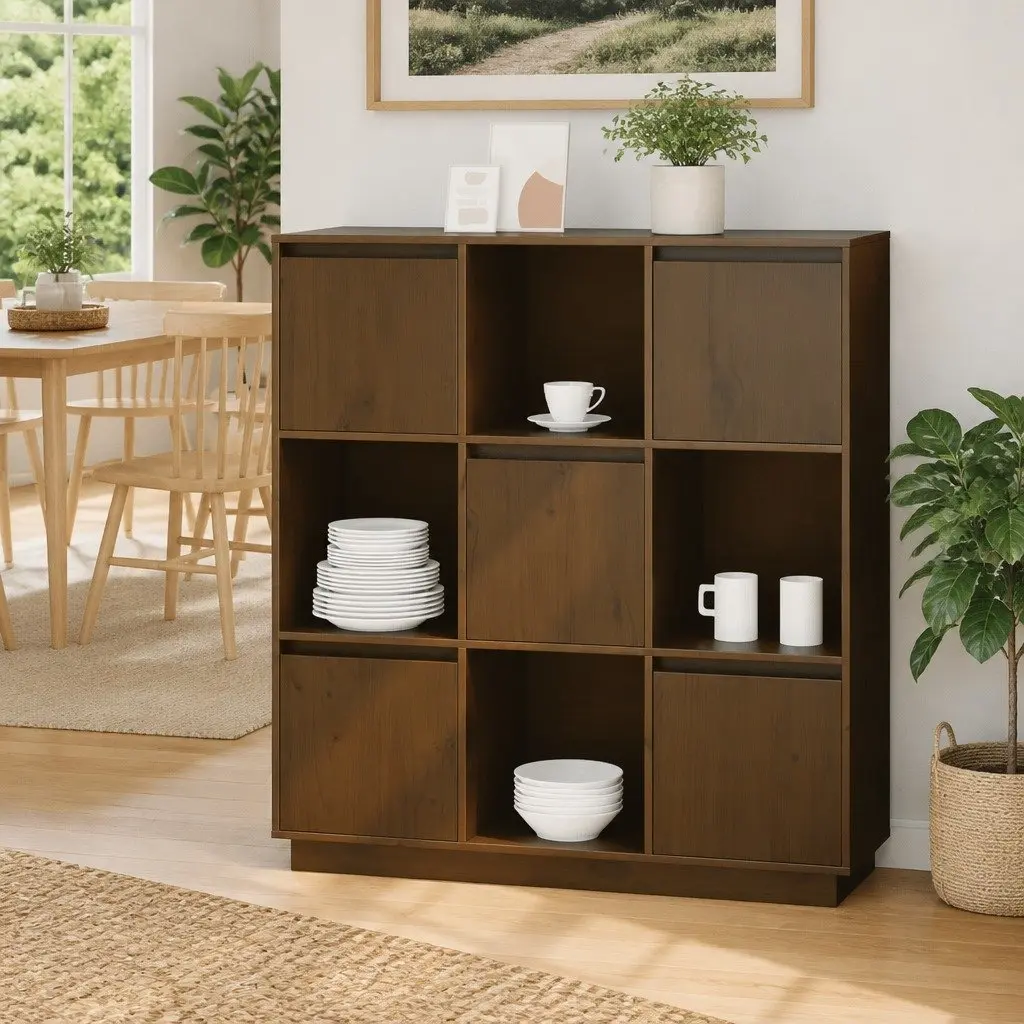 Highboard Storage Cabinet Brown Solid Pine Wood 5 Door Modern Furniture