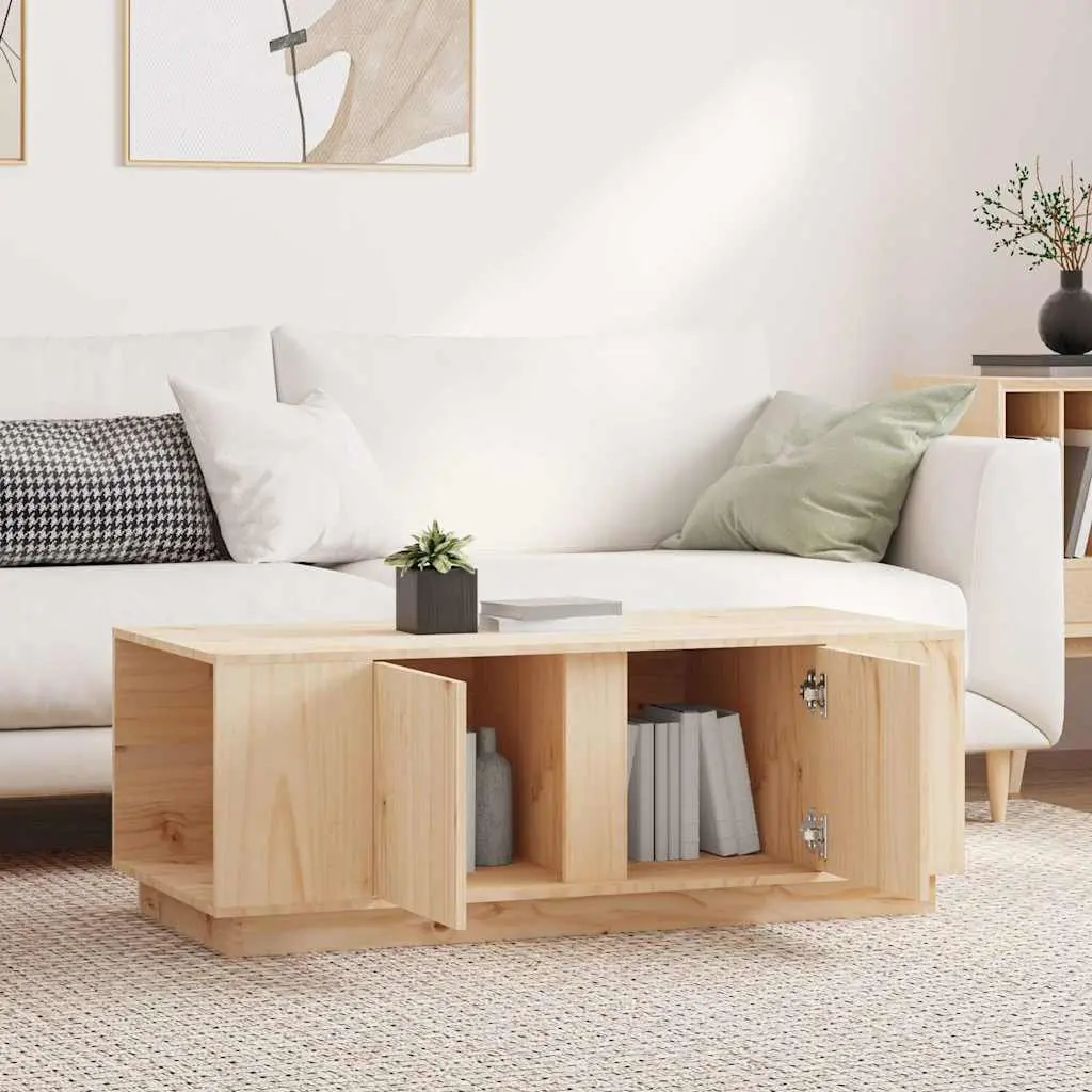 Coffee Table Brown Solid Pine Wood 4 Storage Compartments 2 Doors