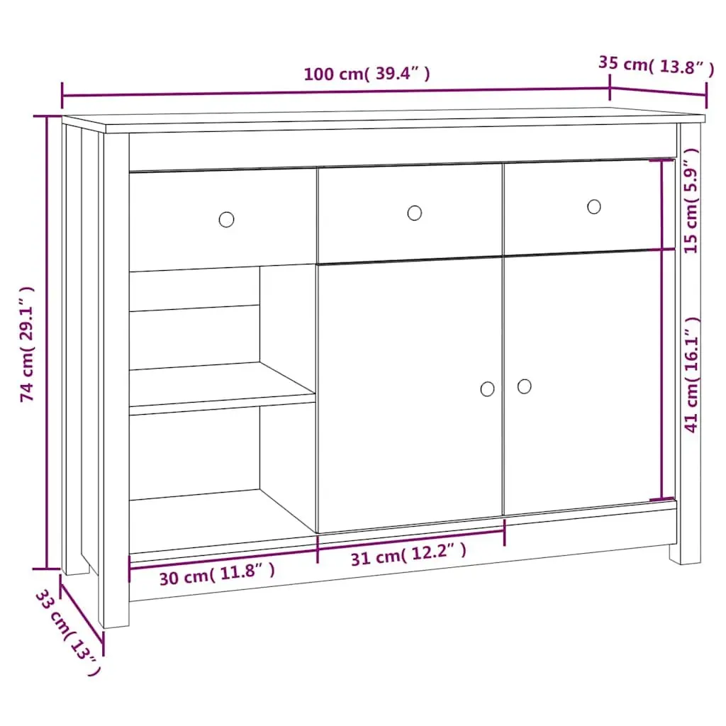 Wooden Sideboard White 100 x 35 x 74 cm 3 Drawers 6 Compartments