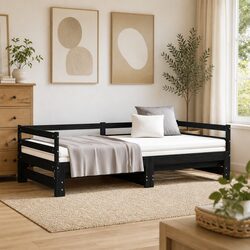 Pull-Out Day Bed Wooden Sofa Bed Frame Black Slatted Design 90x190 cm No