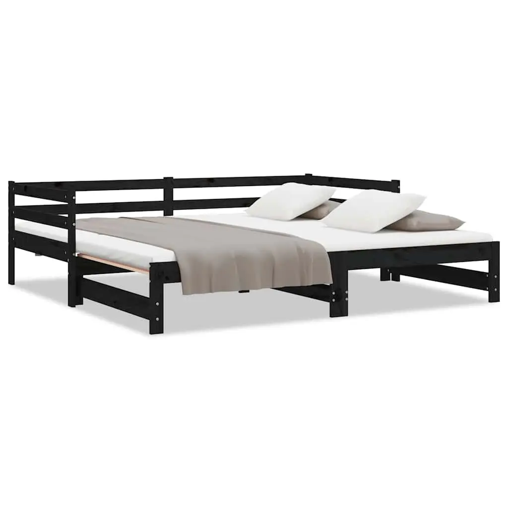 Pull-Out Day Bed Wooden Sofa Bed Frame Black Slatted Design 90x190 cm No