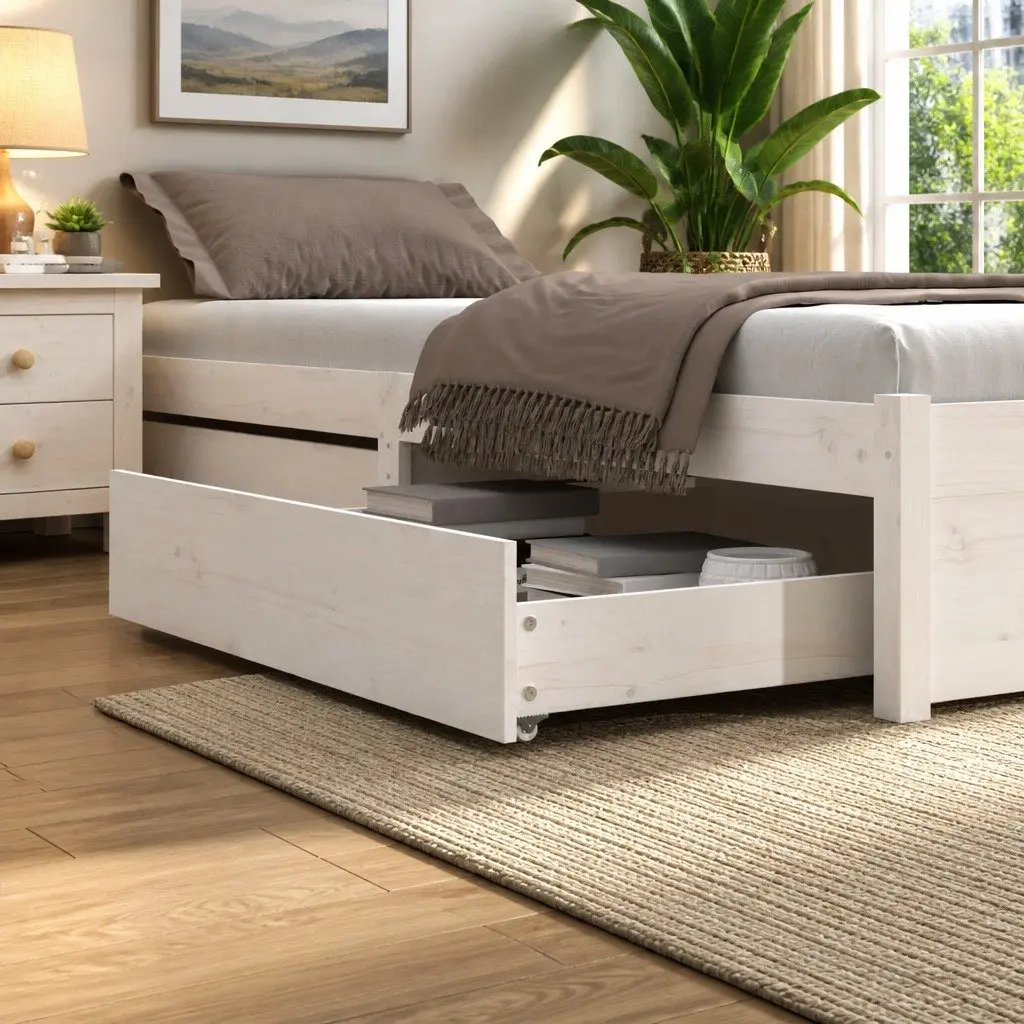 Under Bed Storage Drawers White Solid Pine Wood 2 Piece Easy-Glide Wheels