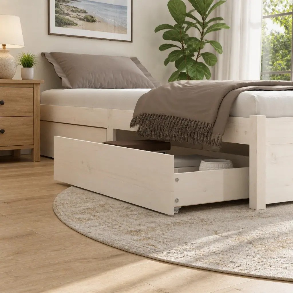 4 Piece White Under Bed Storage Drawers Solid Pine Wood Easy Glide Wheels