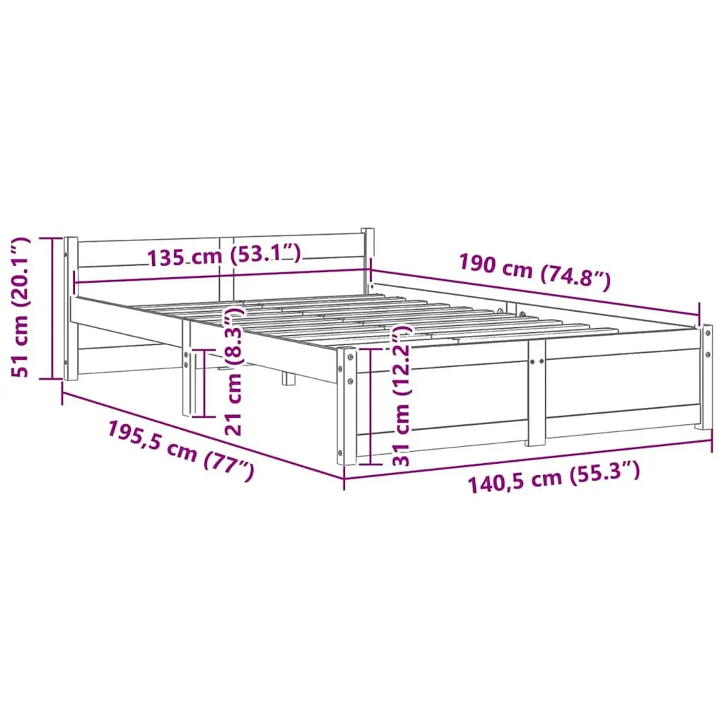 Solid Wood Bed Frame 135x190cm Brown Wooden Bedroom Furniture Slatted Base