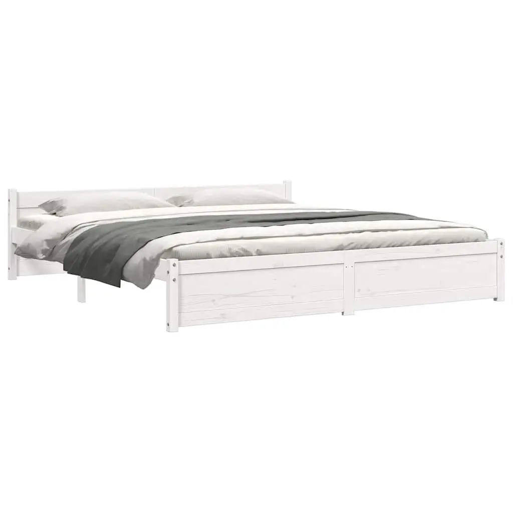 King Bed Frame White 183x203cm Solid Wood Slatted Base Classic Headboard