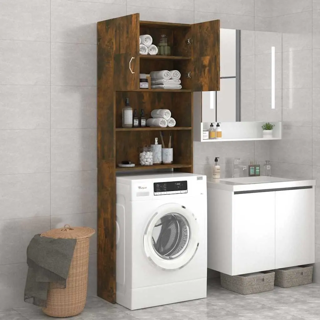 Washing Machine Cabinet Smoked Oak 64 x 25.5 x 190 cm Moisture Resistant Storage Organiser