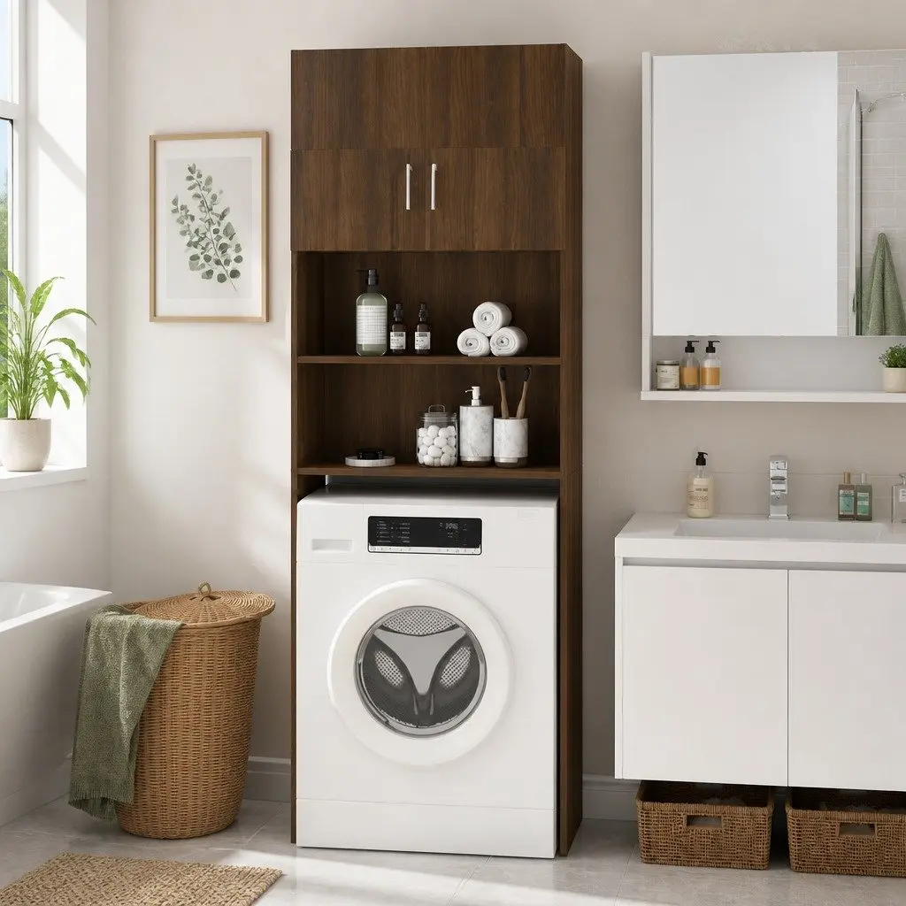 Washing Machine Cabinet Brown Oak Storage Organizer 64 x 25.5 x 190 cm Moisture Resistant Engineered Wood