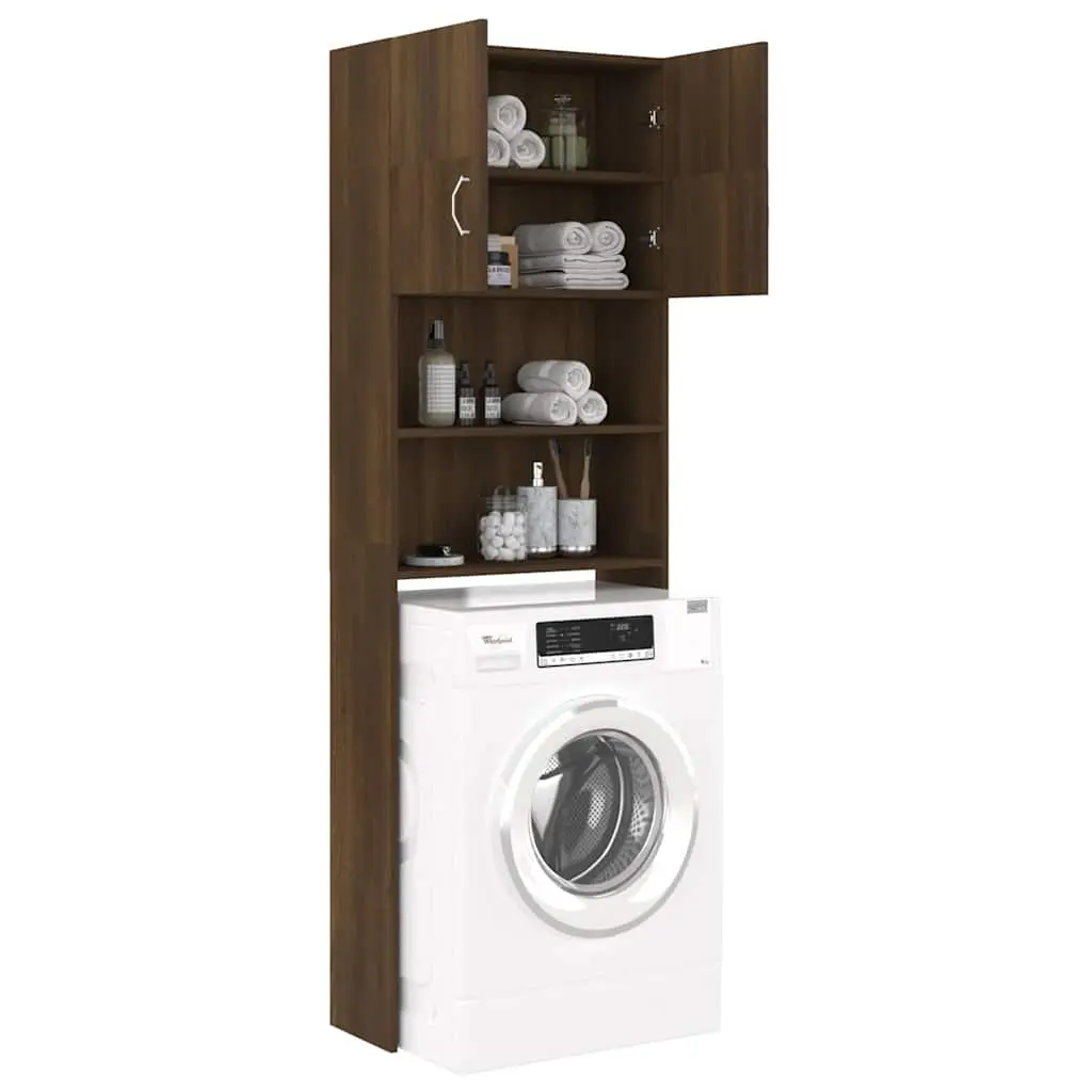 Washing Machine Cabinet Brown Oak Storage Organizer 64 x 25.5 x 190 cm Moisture Resistant Engineered Wood