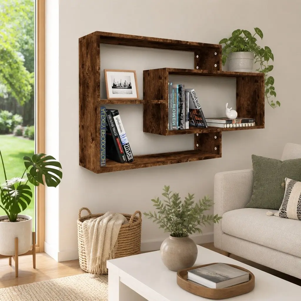 Wall Shelf Brown 3 Compartments Open Storage Display Engineered Wood