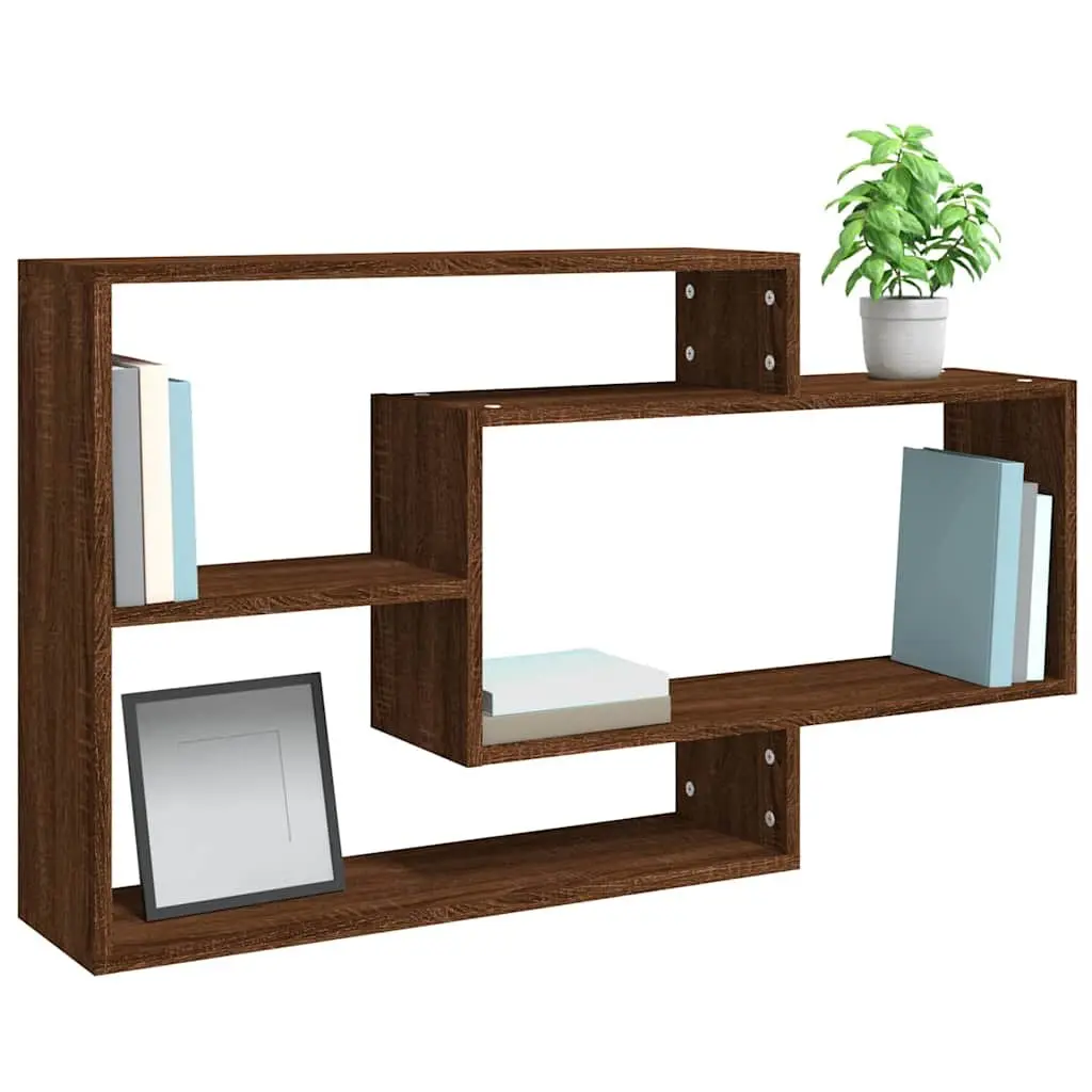 Wall Shelf Brown Oak 3 Compartments Open Storage Display Floating Shelving Unit