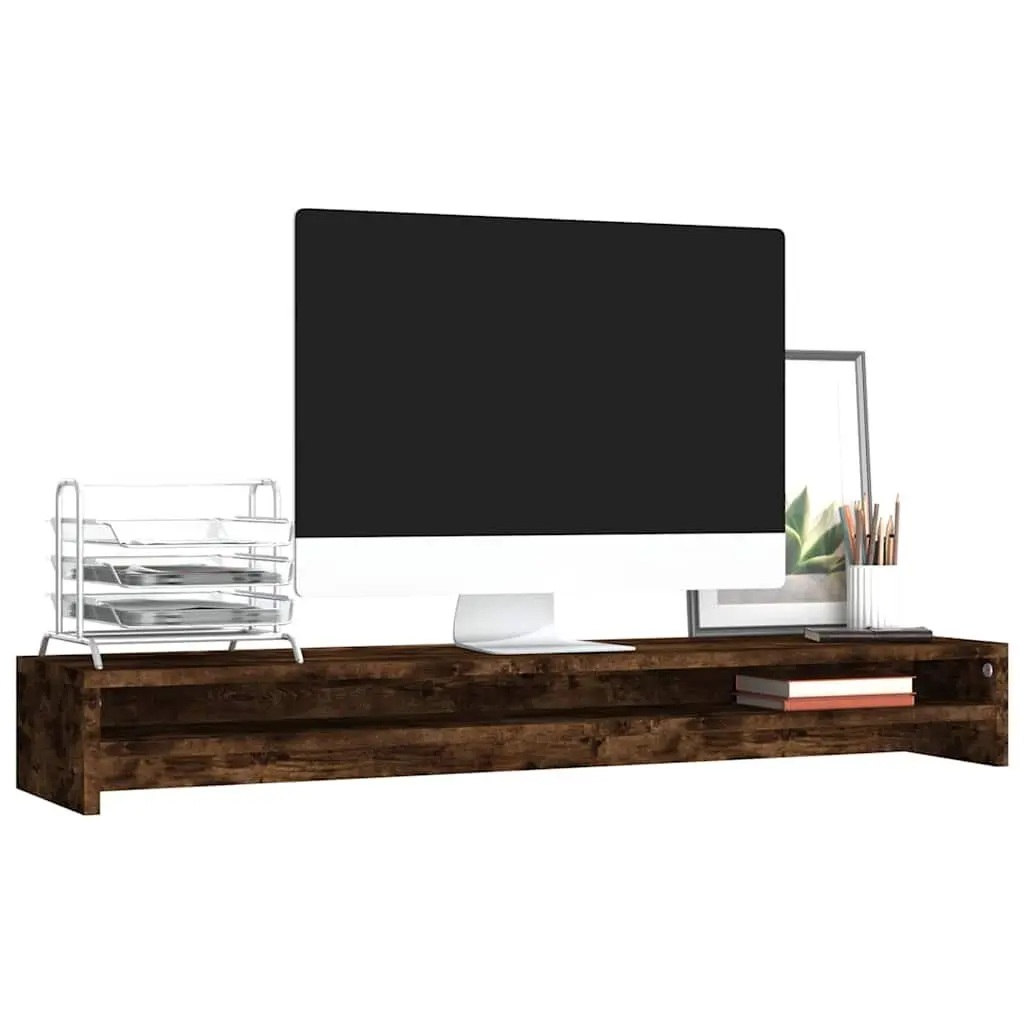 Monitor Stand Brown Engineered Wood Dual Screen Riser Desk Organiser