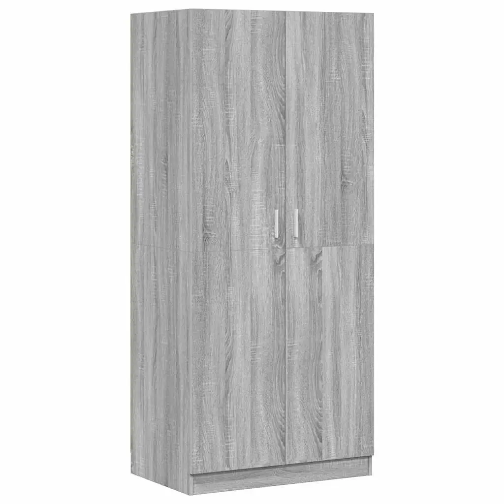 Grey Storage Cabinet with Hanging Rod and Doors 80x52x180cm Engineered Wood Wardrobe