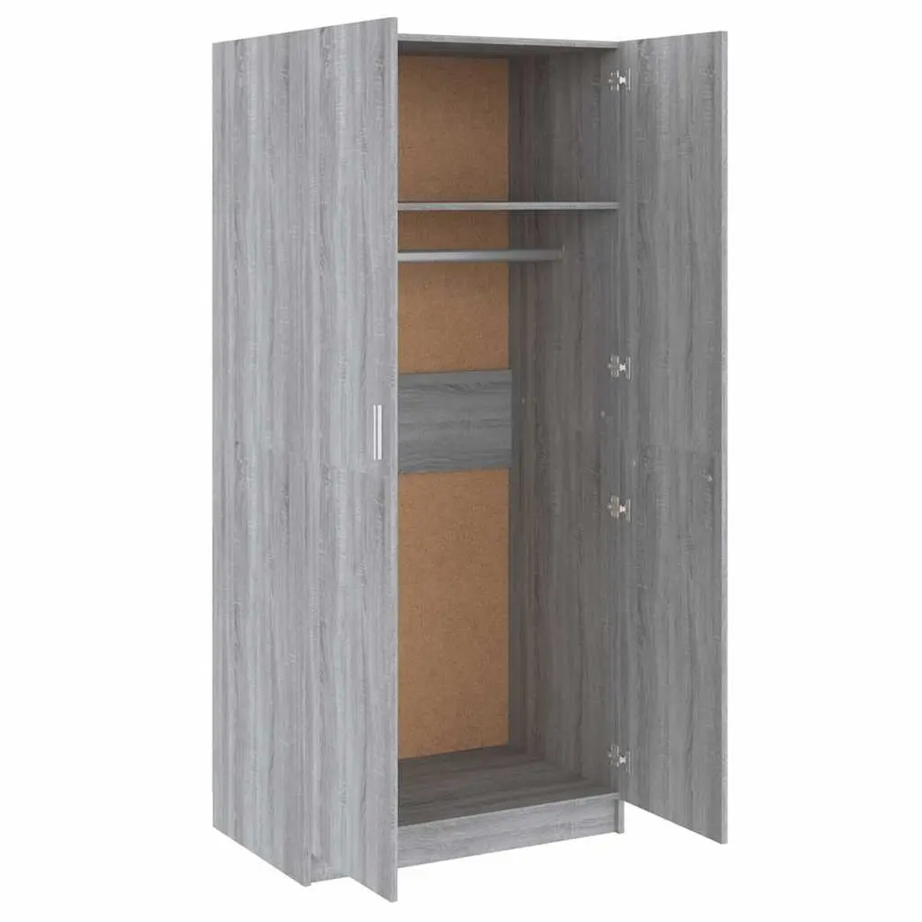 Grey Storage Cabinet with Hanging Rod and Doors 80x52x180cm Engineered Wood Wardrobe