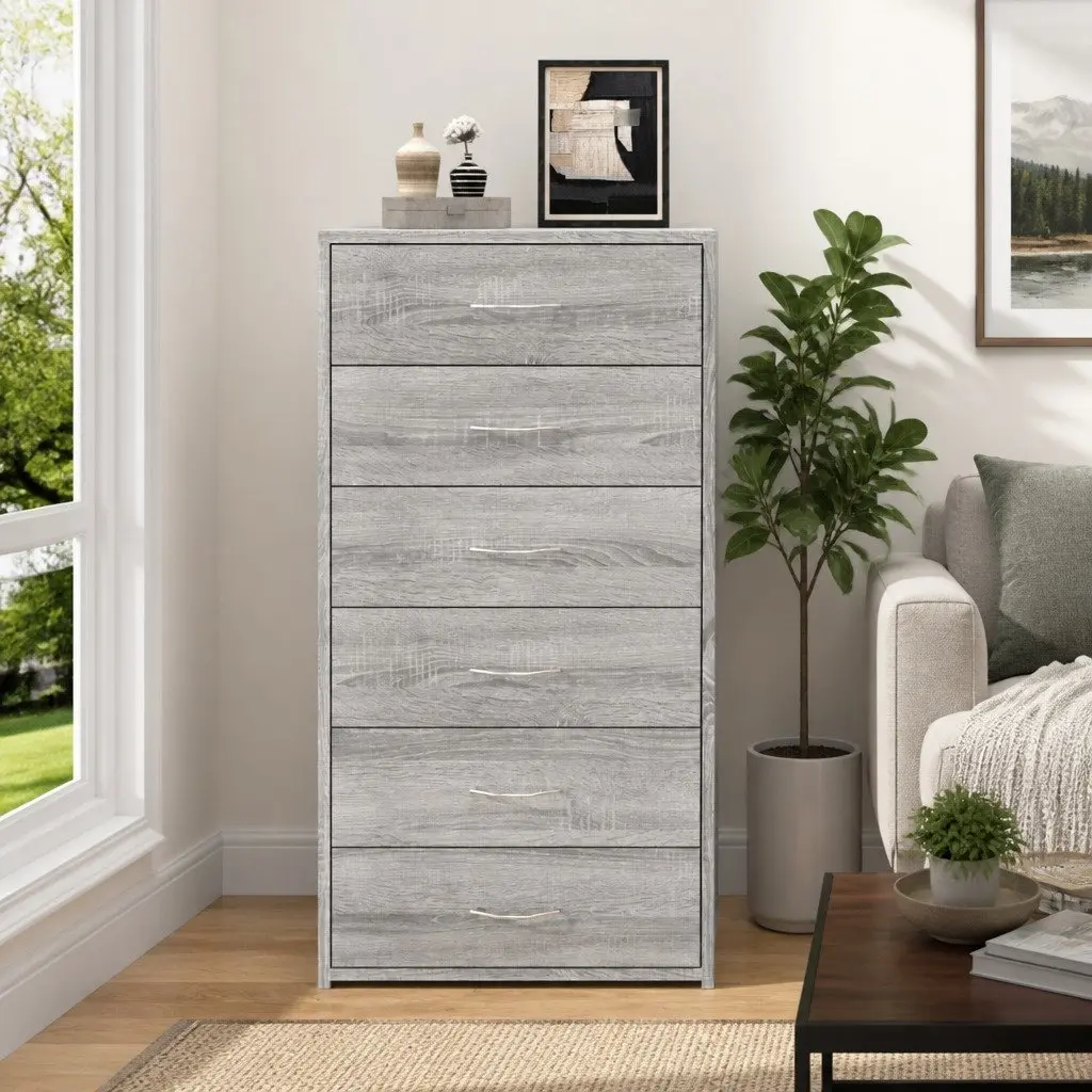 Sideboard Grey 50W x 34D x 96H cm 6 Drawers Engineered Wood Storage Cabinet Furniture