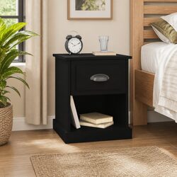 Black Nightstand with Drawer and Open Shelf