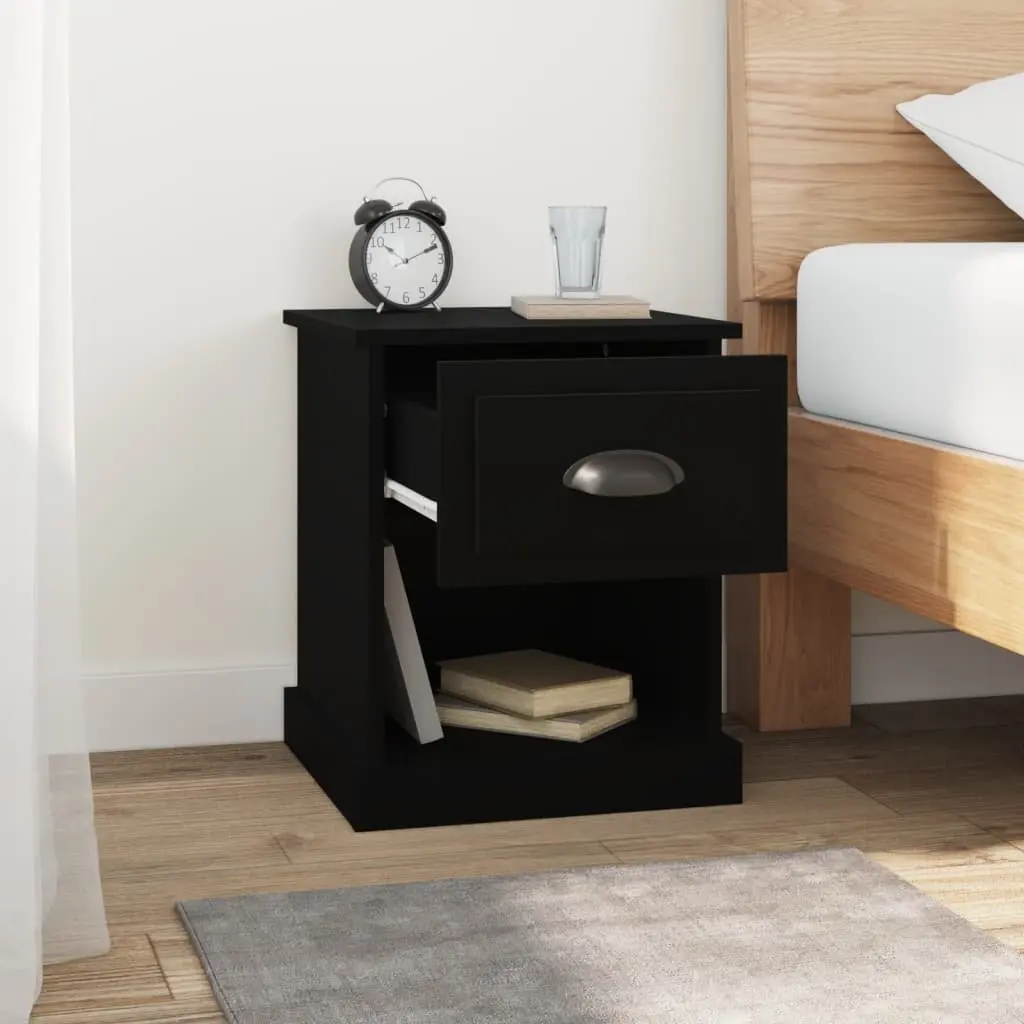 Black Bedside Cabinet Engineered Wood 39x39x47.5 cm Multifunctional Nightstand Storage with Drawer and Open Compartment