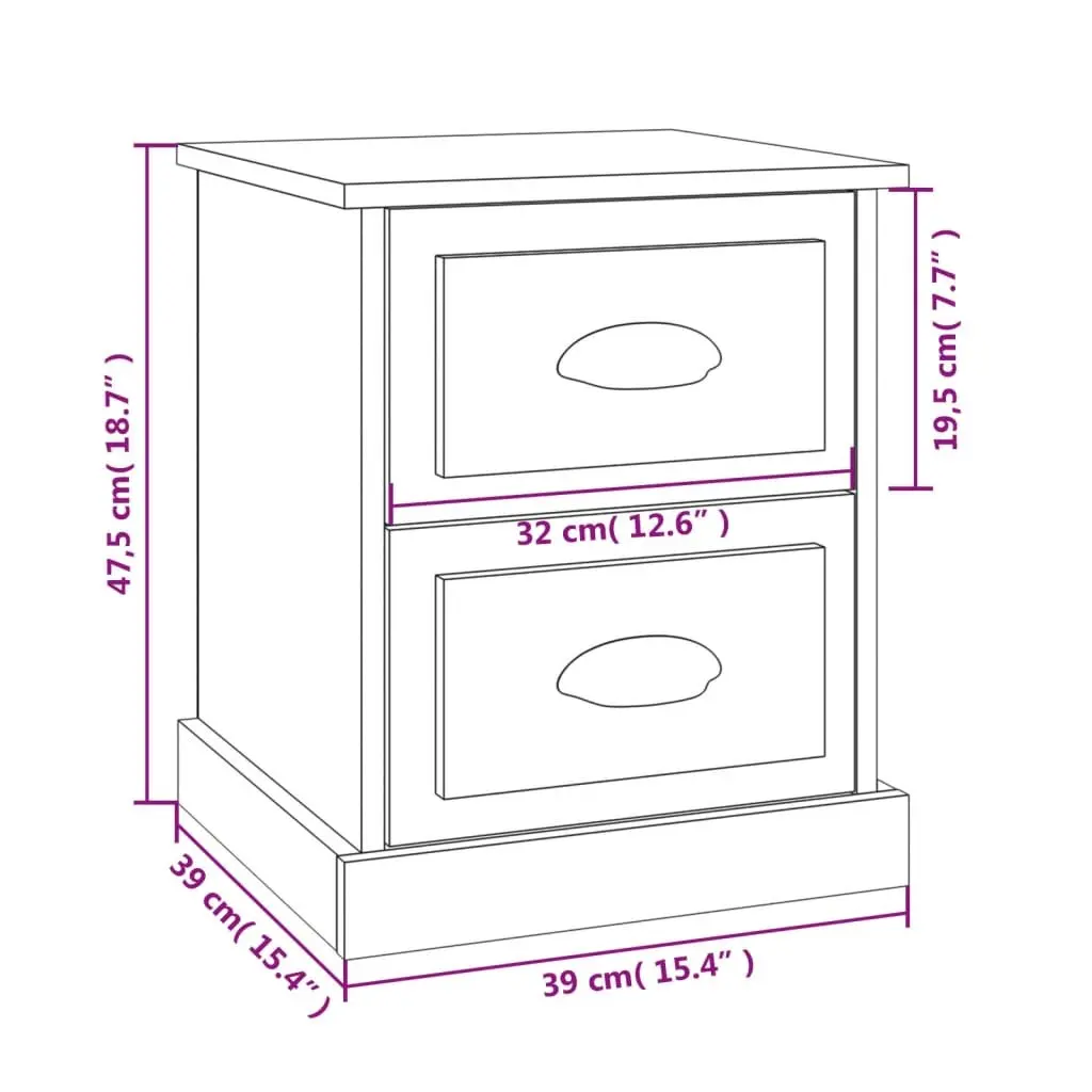 Bedside Cabinet Grey 39x39x47.5cm 2 Drawer Storage Nightstand