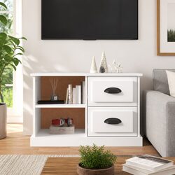 White TV Cabinet with Open Compartments and Drawers