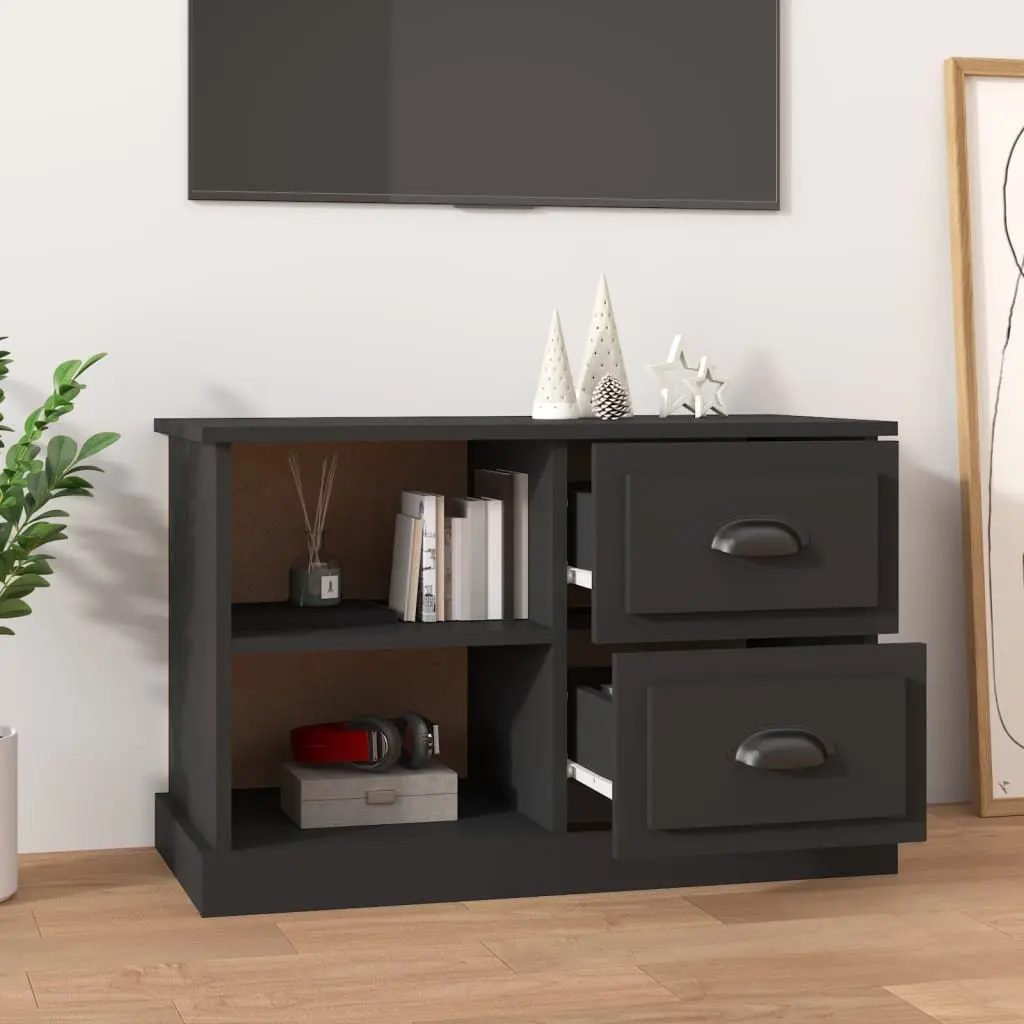 Black TV Cabinet Engineered Wood 73 x 35.5 x 47.5 cm with 2 Drawers and Open Compartments for Storage and Display