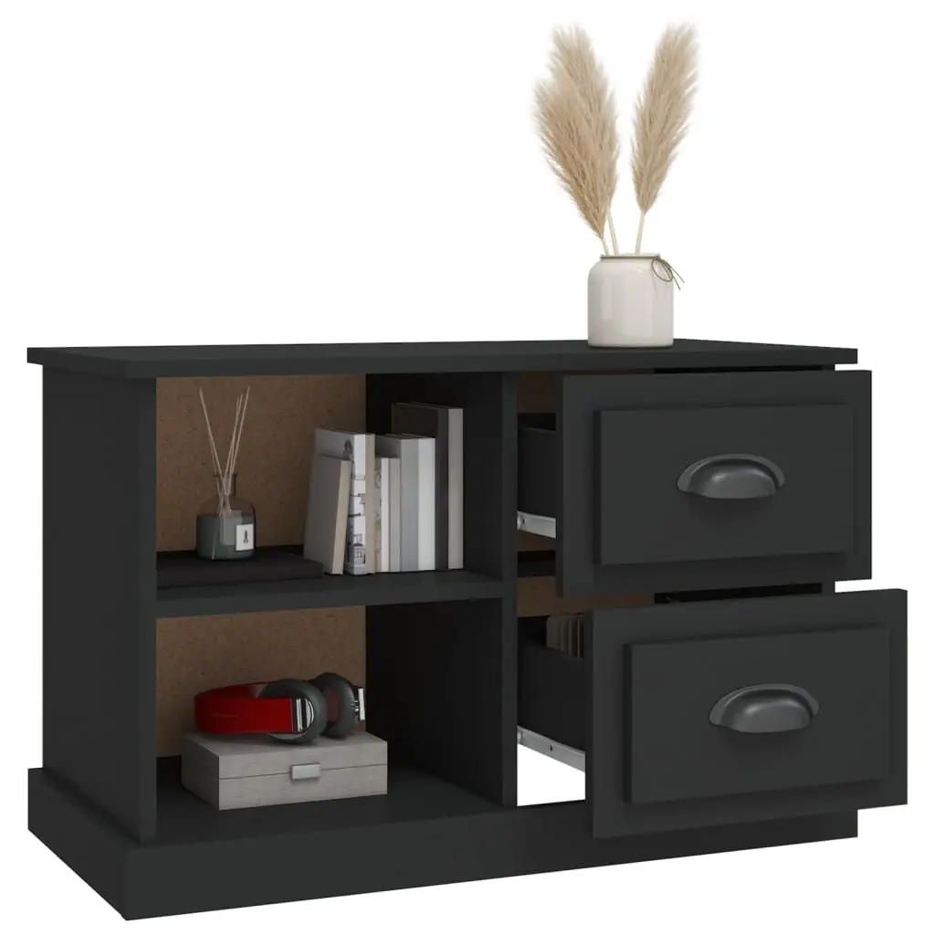 Black TV Cabinet Engineered Wood 73 x 35.5 x 47.5 cm with 2 Drawers and Open Compartments for Storage and Display