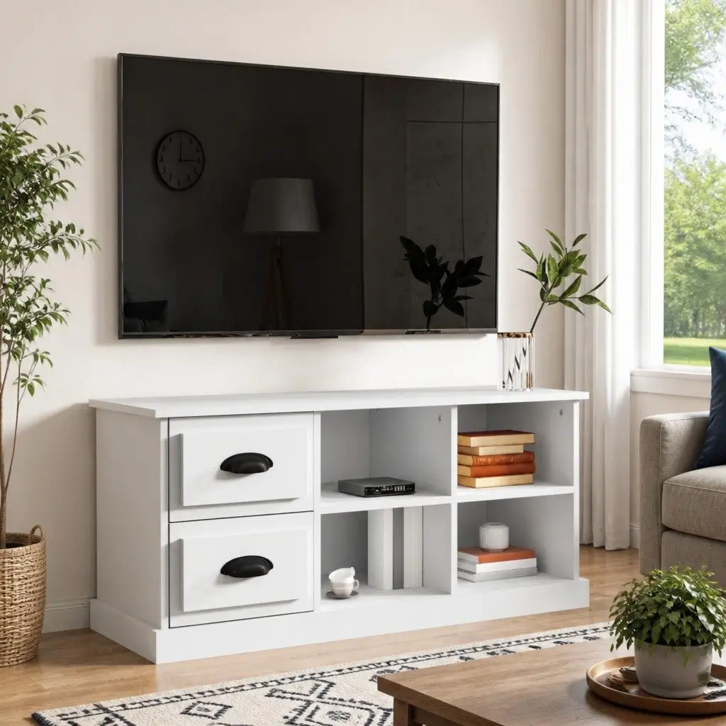 White TV Cabinet with Open Storage Space