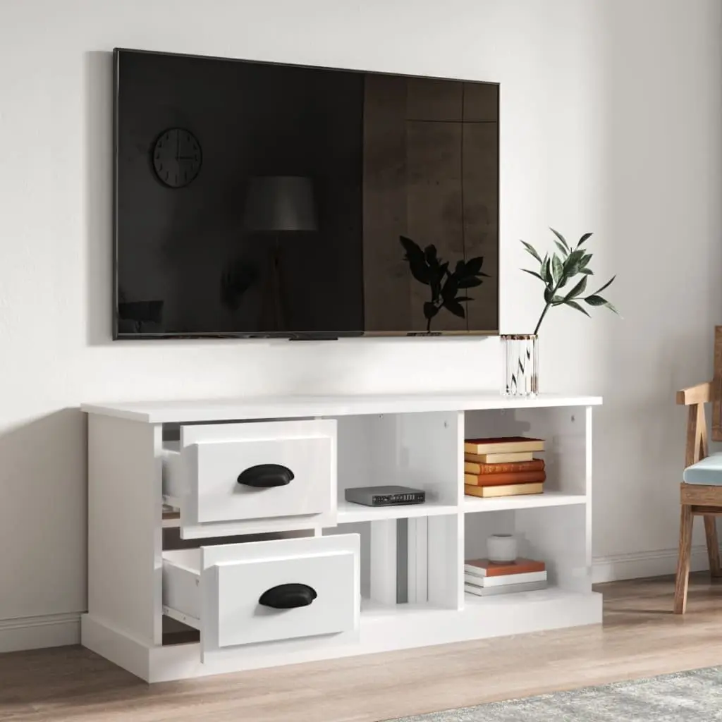 TV Cabinet High Gloss White Storage Unit 2 Drawers 4 Compartments Living Room