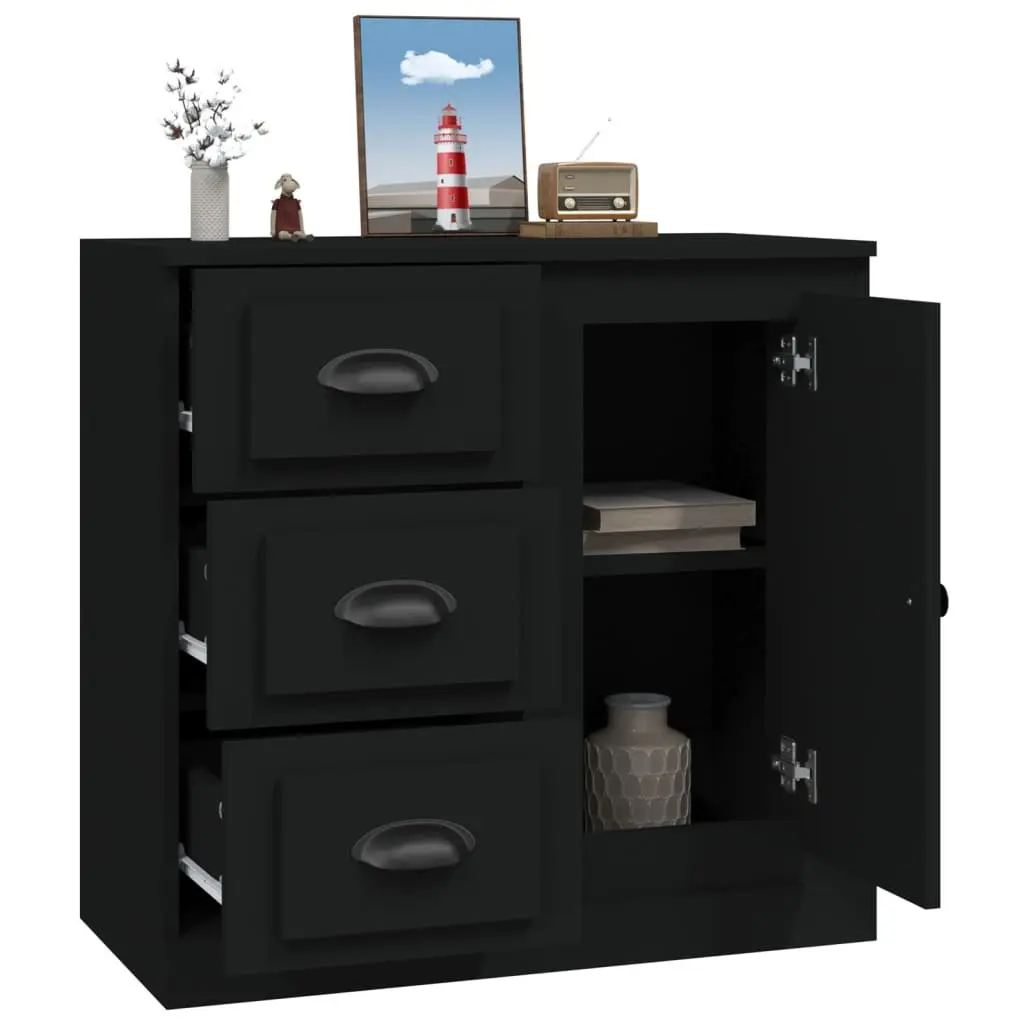 Black Sideboard Storage Cabinet Engineered Wood Buffet Display Furniture