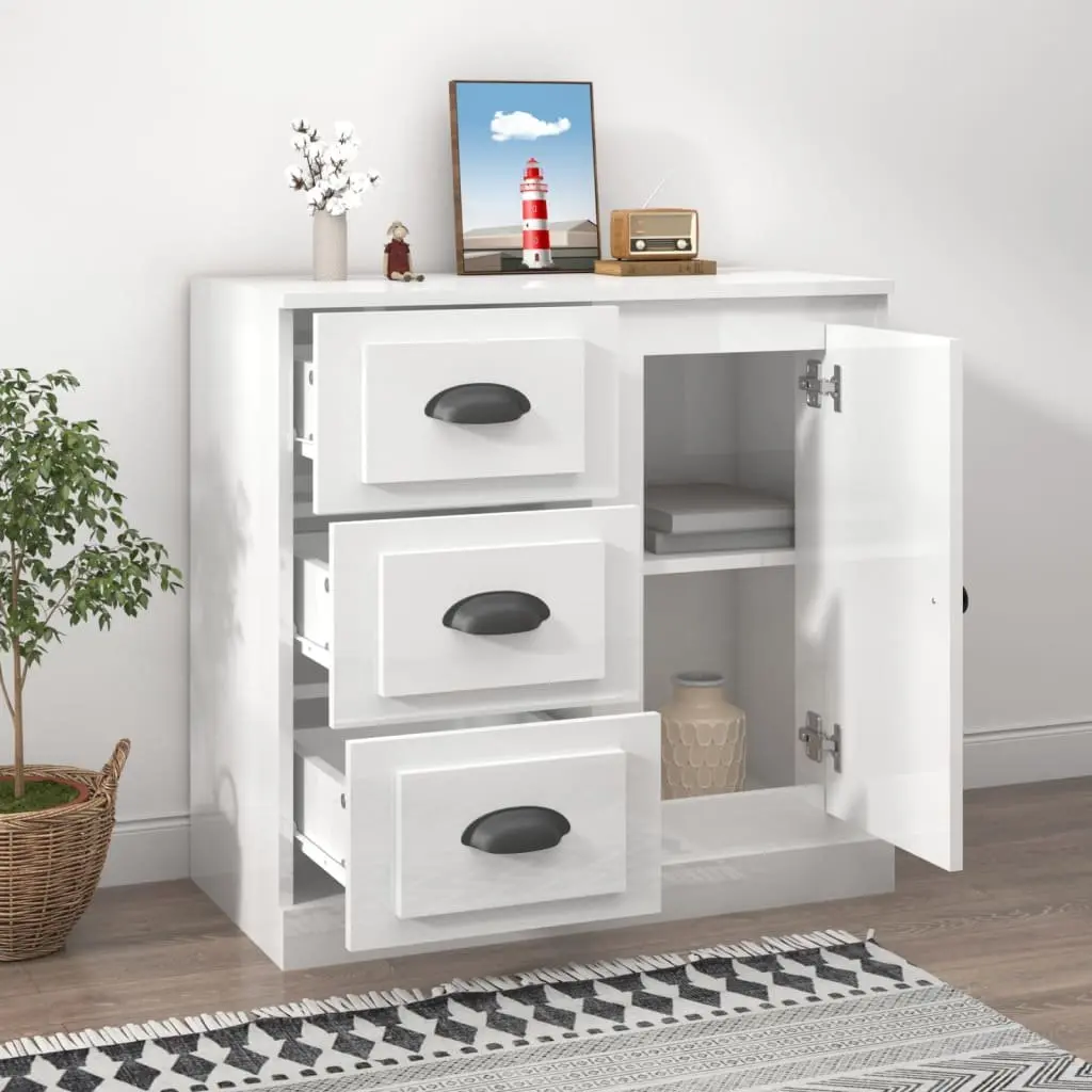 Sideboard White High Gloss Engineered Wood Storage Cabinet for Living Room