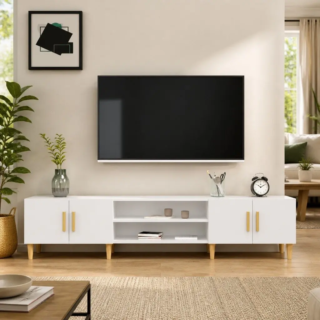 Engineered Wood TV Cabinet White 180x31.5x40cm 4 Doors 4 Compartments Storage Display Surface