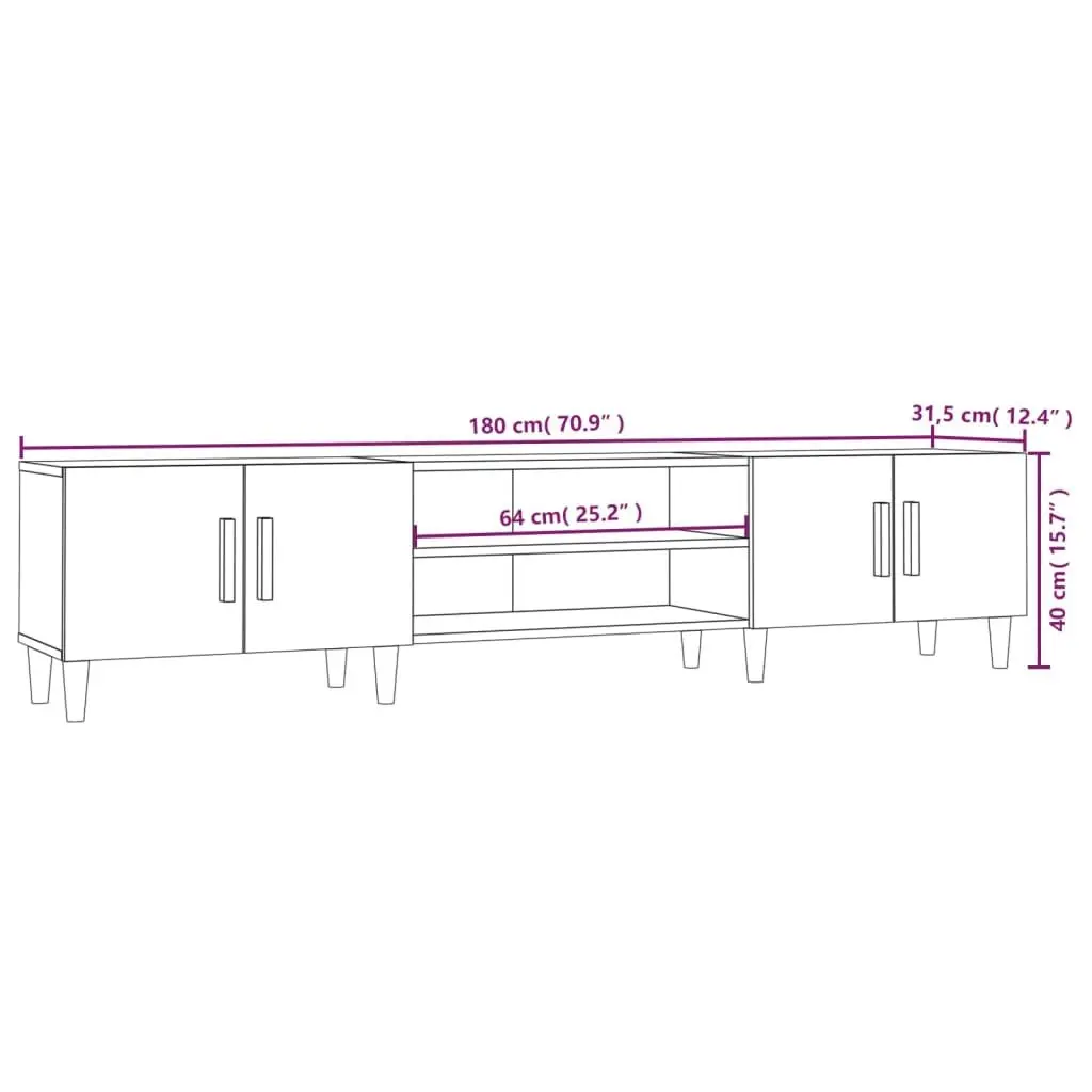 Engineered Wood TV Cabinet White 180x31.5x40cm 4 Doors 4 Compartments Storage Display Surface
