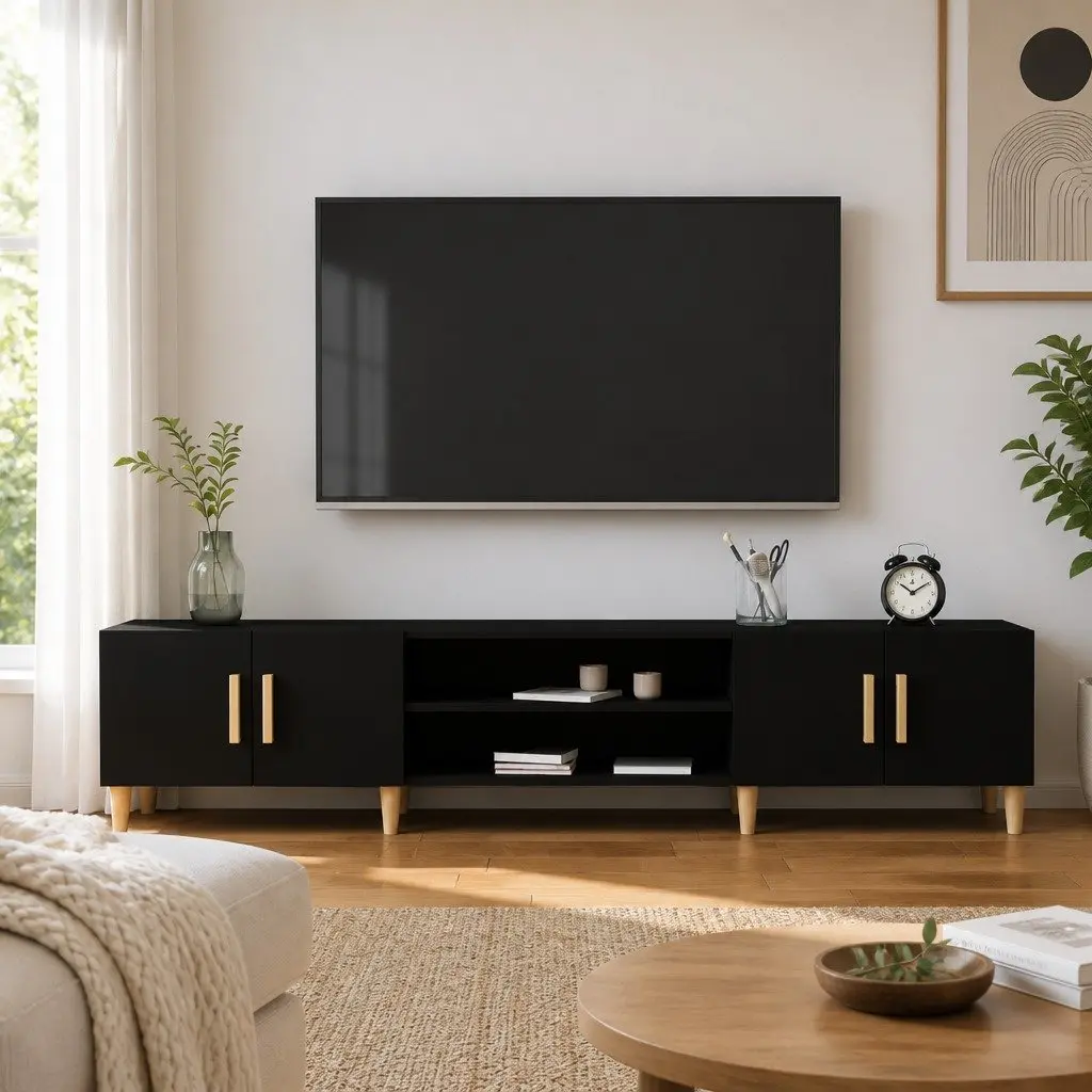 Black TV Cabinet 180cm Storage Unit with 4 Doors and 4 Compartments Engineered Wood for Living Room