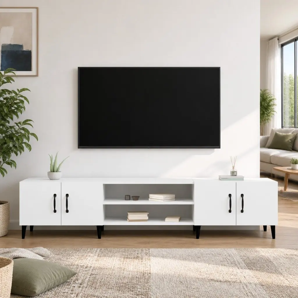 TV Cabinet White Engineered Wood Storage Unit 4 Door 4 Compartment Furniture