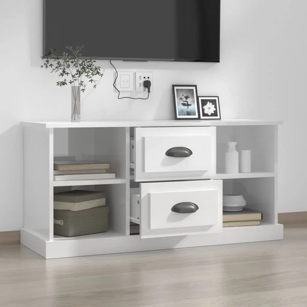 TV Cabinet High Gloss White Engineered Wood 4 Open Compartments 2 Drawers