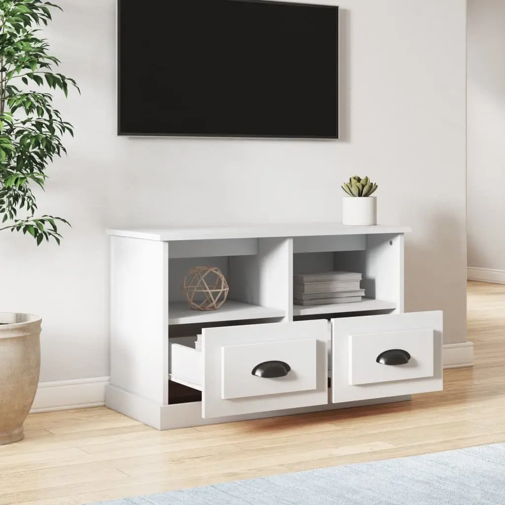 Engineered Wood TV Cabinet White 80x35x50cm Storage Unit with Drawers and Open Compartments