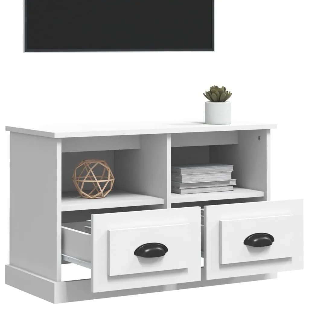 Engineered Wood TV Cabinet White 80x35x50cm Storage Unit with Drawers and Open Compartments