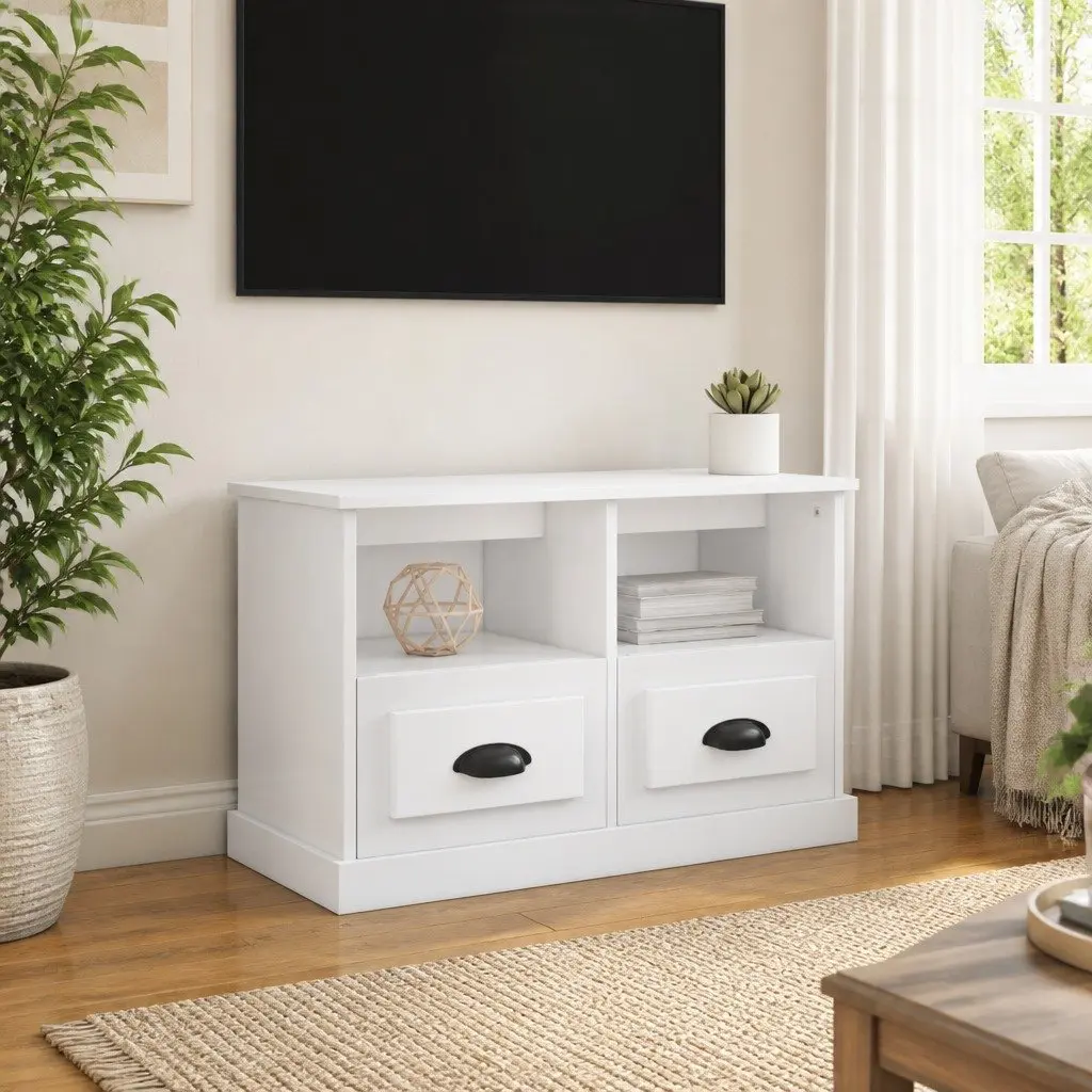 TV Cabinet White High Gloss 80x35x50cm Engineered Wood Storage Drawers
