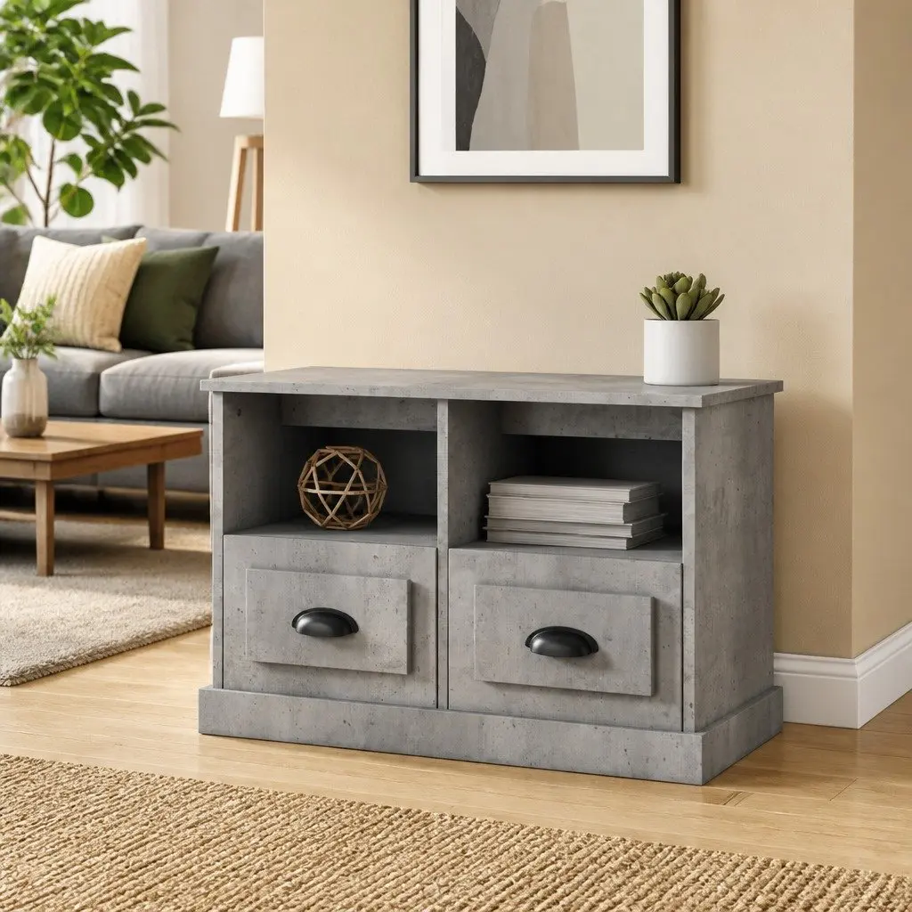 Grey TV Cabinet Engineered Wood 2 Drawers 2 Open Compartments Compact Storage Unit