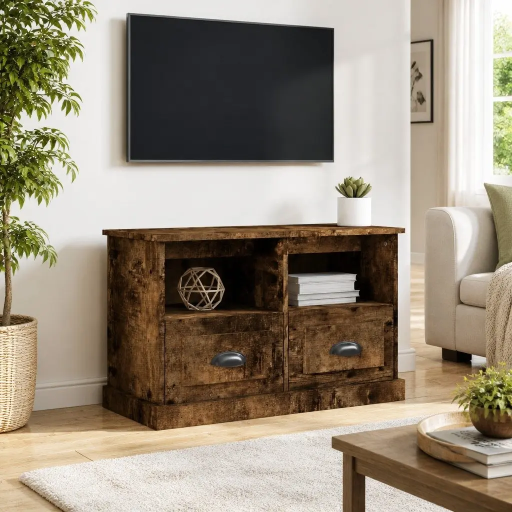 TV Cabinet Brown Engineered Wood 80L x 35W x 50H cm with 2 Drawers and 2 Open Compartments for Storage and Display