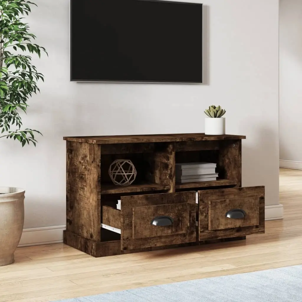 TV Cabinet Brown Engineered Wood 80L x 35W x 50H cm with 2 Drawers and 2 Open Compartments for Storage and Display