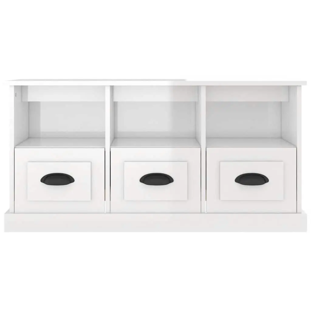 TV Cabinet White High Gloss 100x35x50cm Engineered Wood Storage Unit with 3 Drawers and 3 Open Compartments