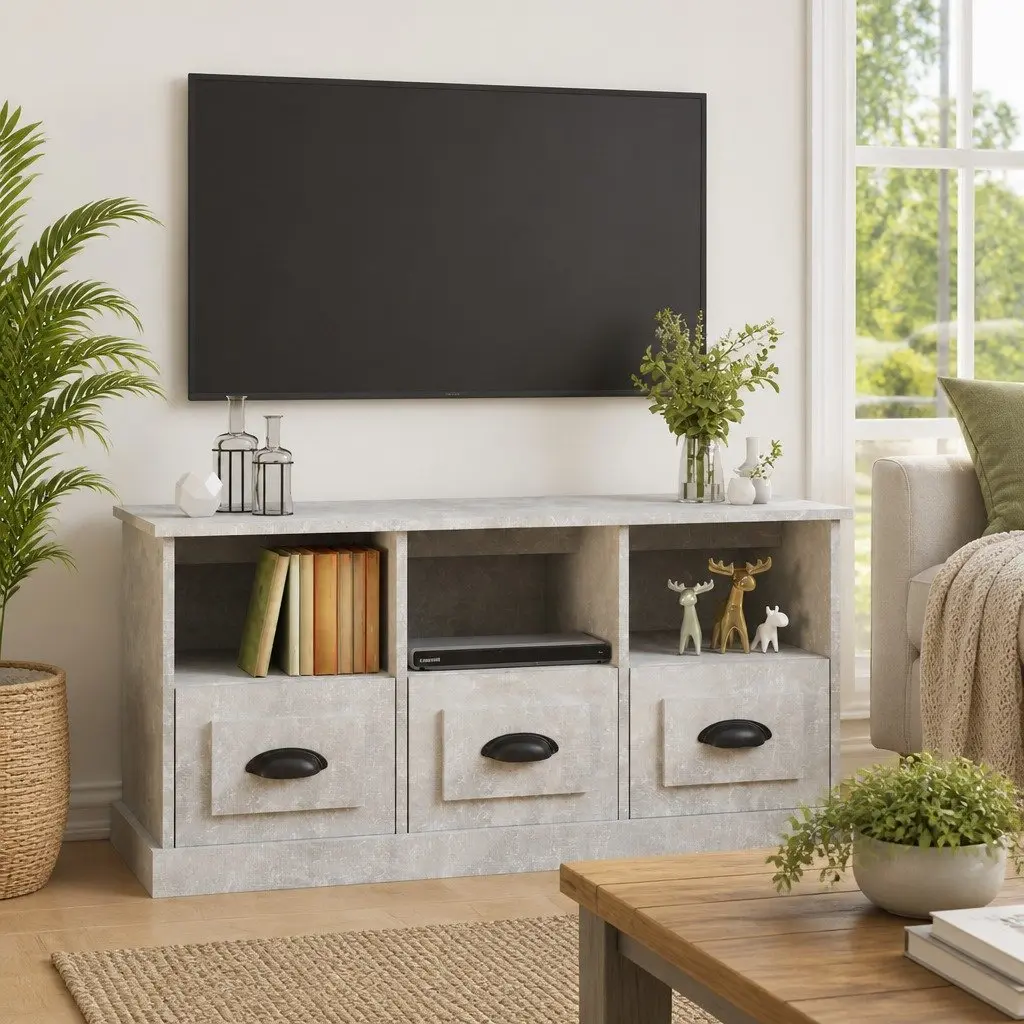 Grey TV Cabinet with Drawers and Shelves
