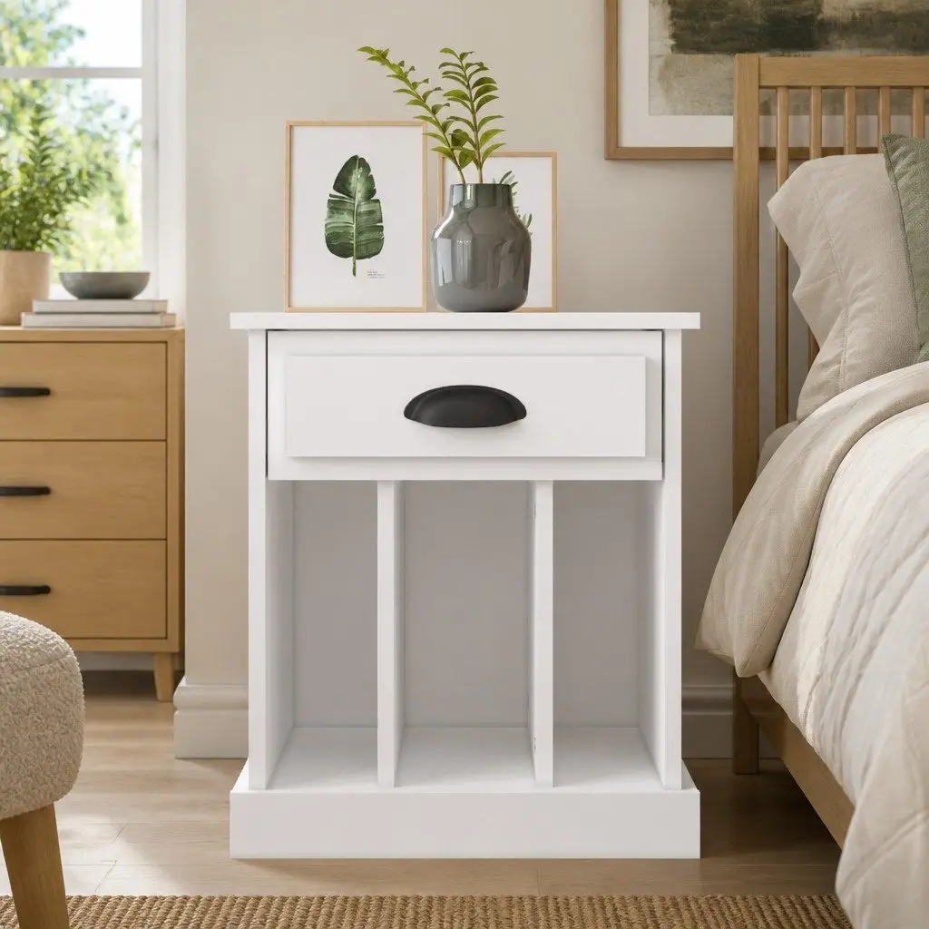 White Bedside Table Engineered Wood 43x36x50 cm Drawer and Open Compartments Storage Nightstand