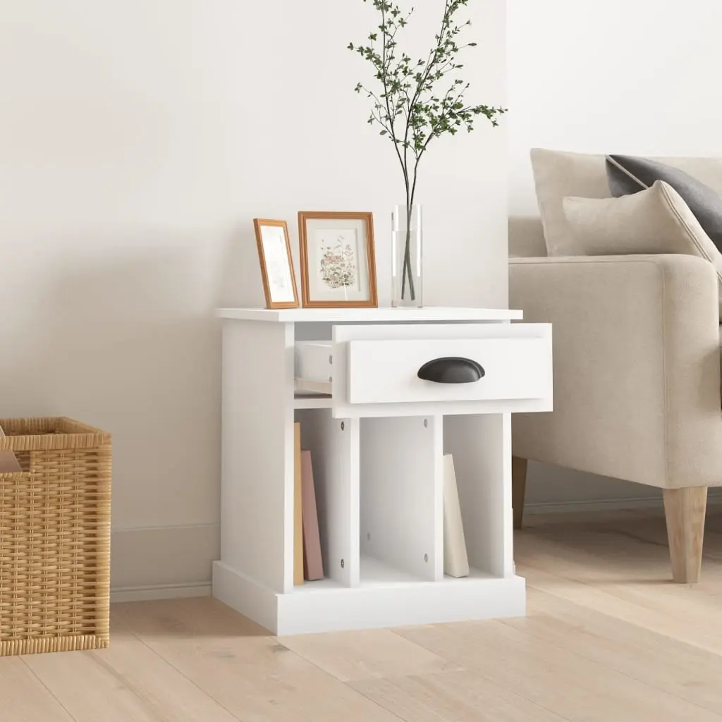 White Bedside Table Engineered Wood 43x36x50 cm Drawer and Open Compartments Storage Nightstand